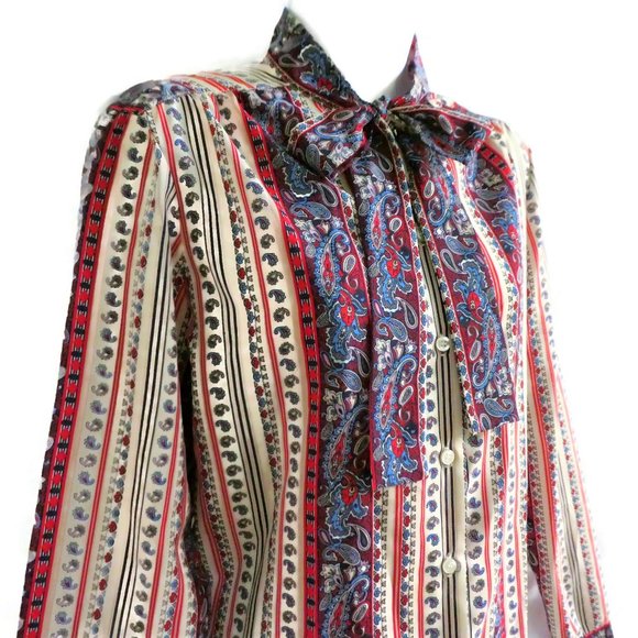 Vintage Secretary Blouse Striped Paisley Tie Neck - Picture 3 of 8